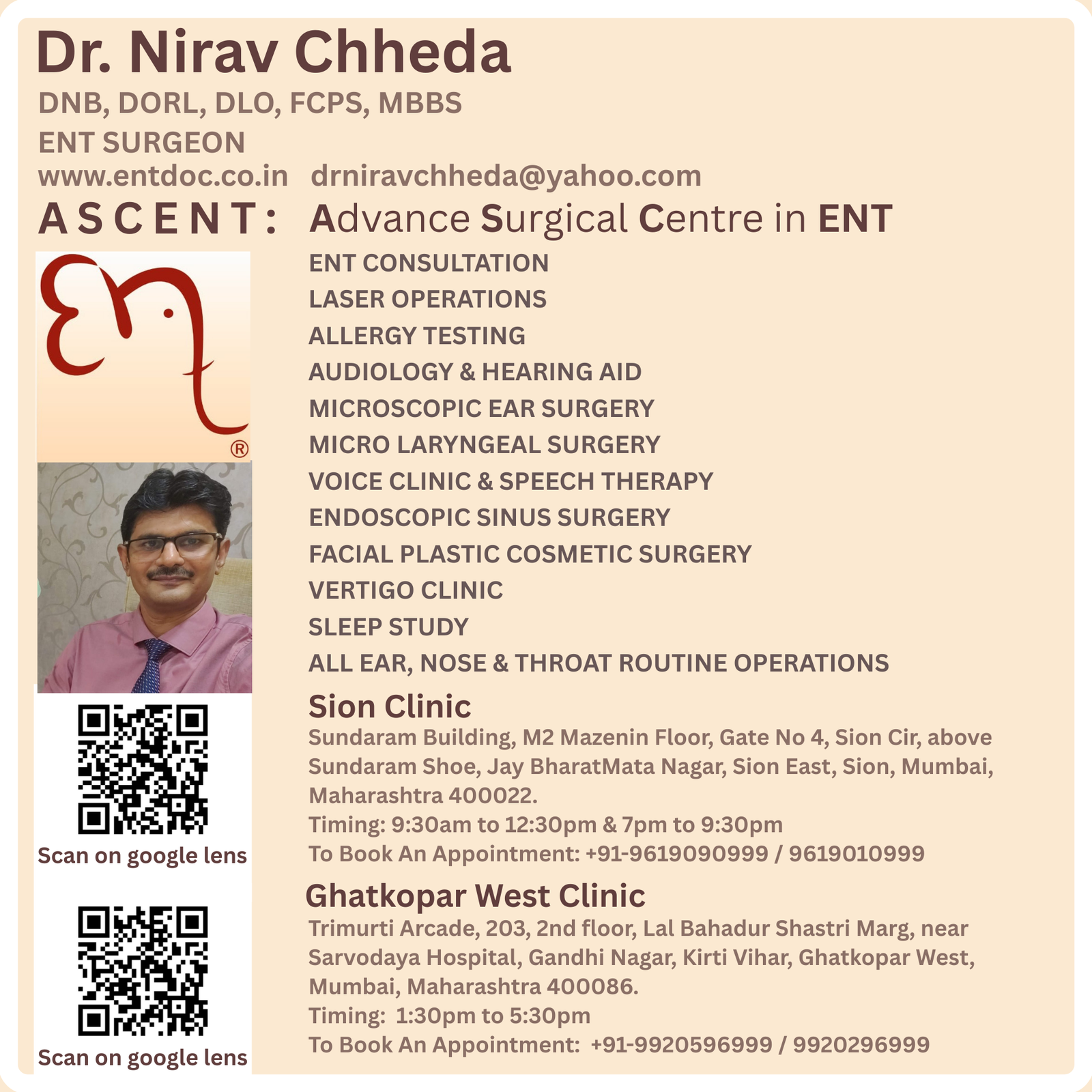 ASCENT Dr Nirav Chheda full clinic profile card